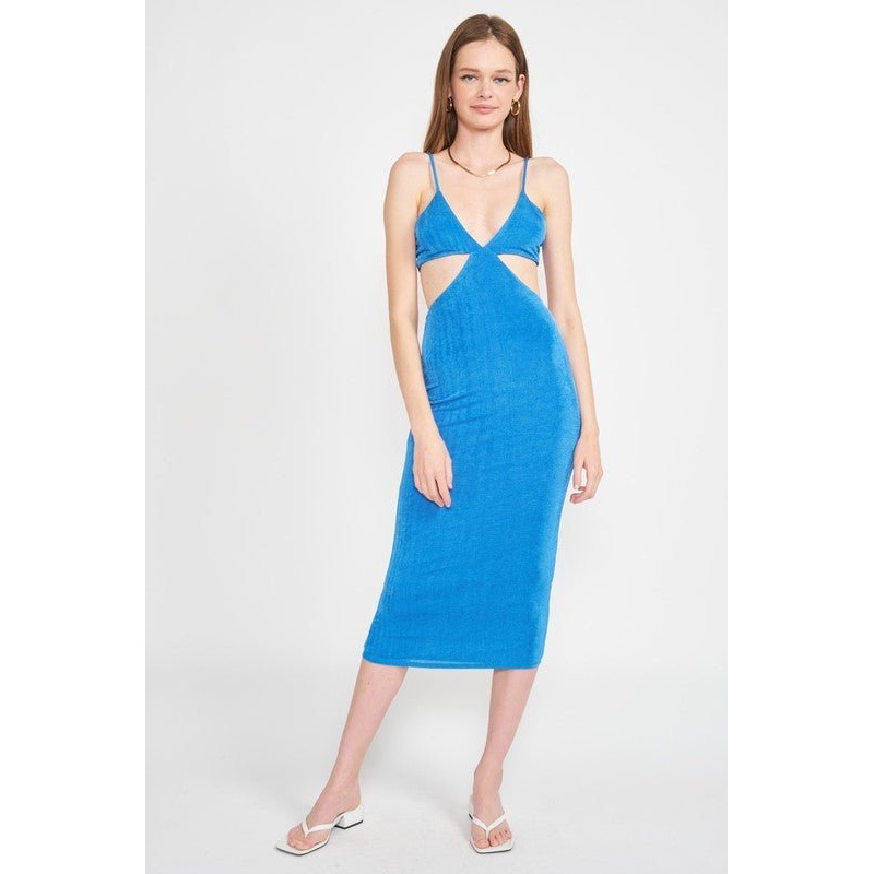 SPAGHETTI STRAP TIE BACK MIDI DRESS WITH CUTOUT