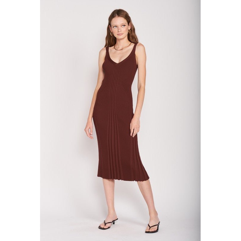 V NECK RIBBED MIDI DRESS WITH OPEN BACK