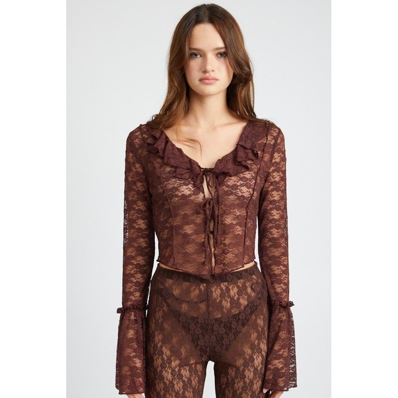 BELL SLEEVE LACE BLOUSE|BROWN|S|M|L