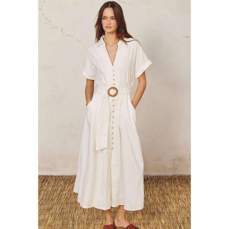 Cotton Linen Wicker Buckle Maxi Dress