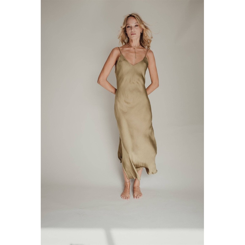 FINAL SALE Valentina Long Satin Dress in Olive