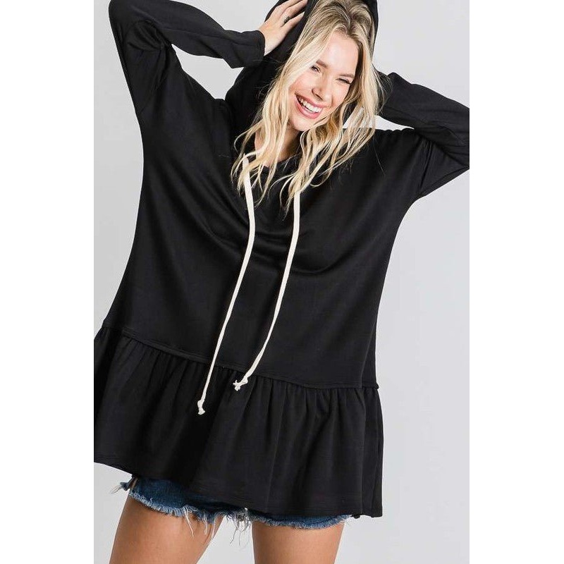 GIRLY PEPLUM HOODIE TUNIC|BLACK|S|M|L|XL