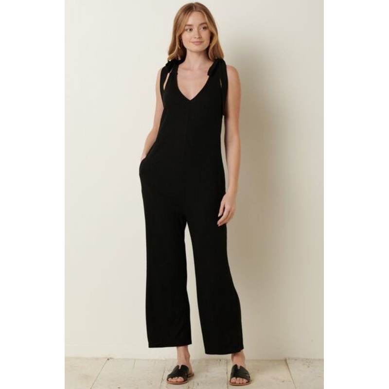 Rib Knit V-Neck Cross Back Jumpsuit