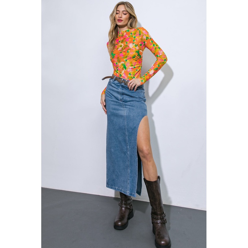 KEEP SHINING DENIM MIDI SKIRT|MEDIUM INDIGO|S|M|L