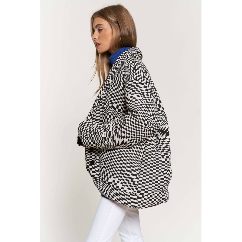 Retro Geo Print Padded Shawl Coat