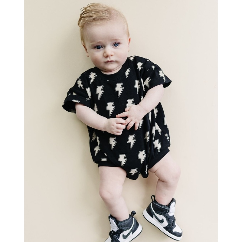 Short Sleeve Bubble Romper | Black Bolts