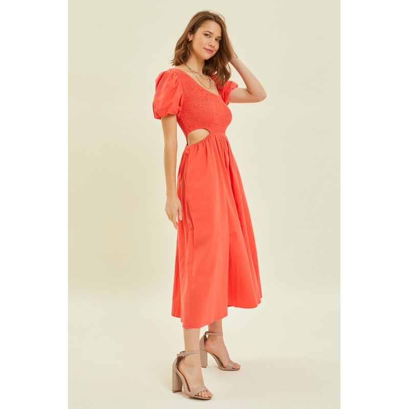 Smocked Cutout Midi Dress|Cherry Red|S|M|L