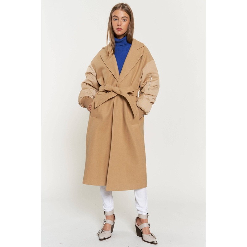 Tie Waist Balloon Sleeve Bomber Coat
