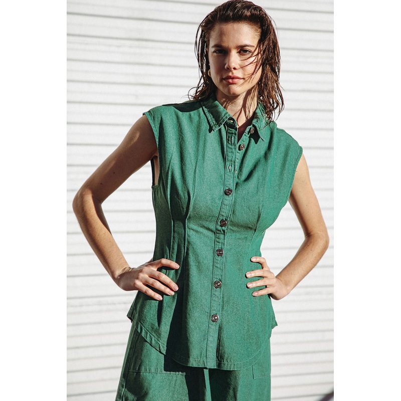 CLEAN SLATE DENIM TOP|GREEN|S|M|L