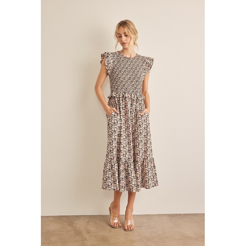 Floral Smocked Ruffled Midi Dress