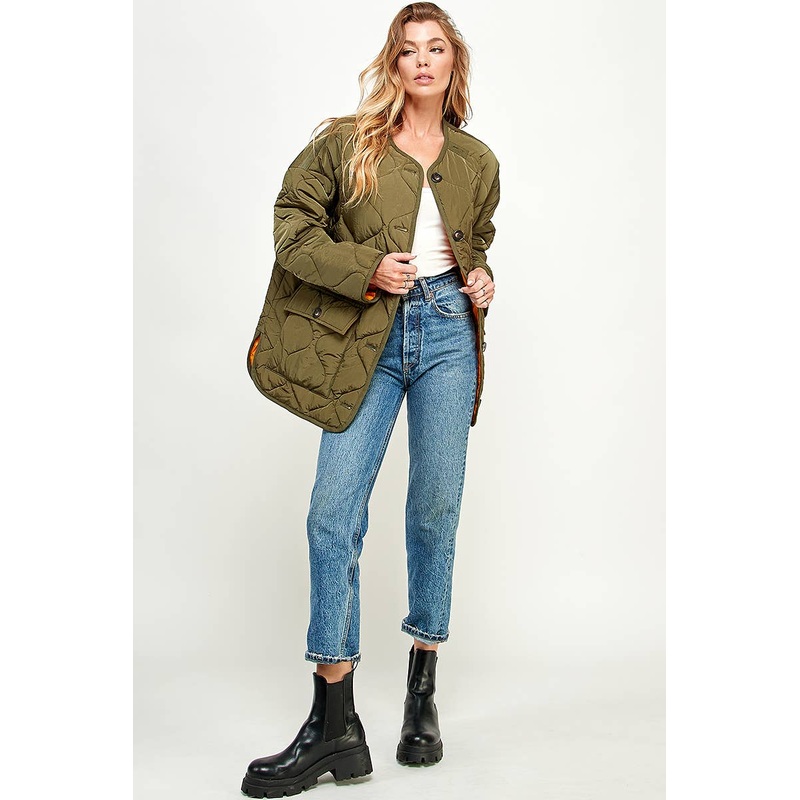 QUILTED LONG SLEEVE JACKET|CAMEL|OLIVE|SMALL|MEDIUM|LARGE