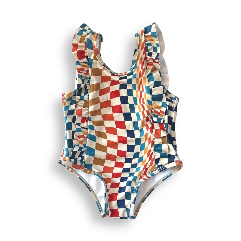 RUFFLE SWIMSUIT- Groovy Check|6/12m|12/18m|18/24m|2T|3T|4T|5/6|7/8
