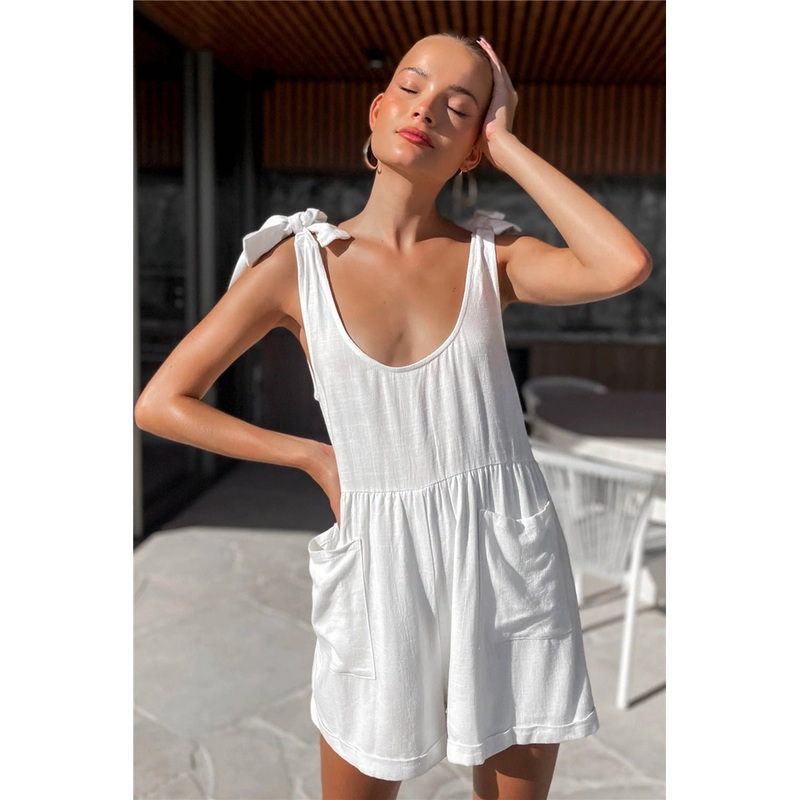 Scoop Neck Tie Shoulder Romper