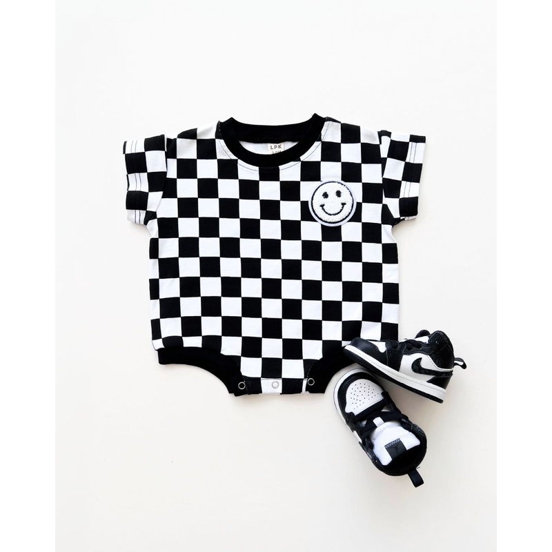 Short Sleeve Bubble Romper | Checkered Smiley Black