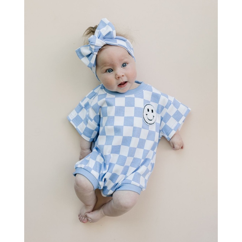 Short Sleeve Bubble Romper | Checkered Smiley Blue