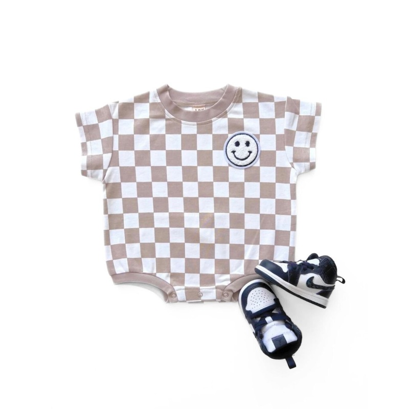 Short Sleeve Bubble Romper | Checkered Smiley Latte