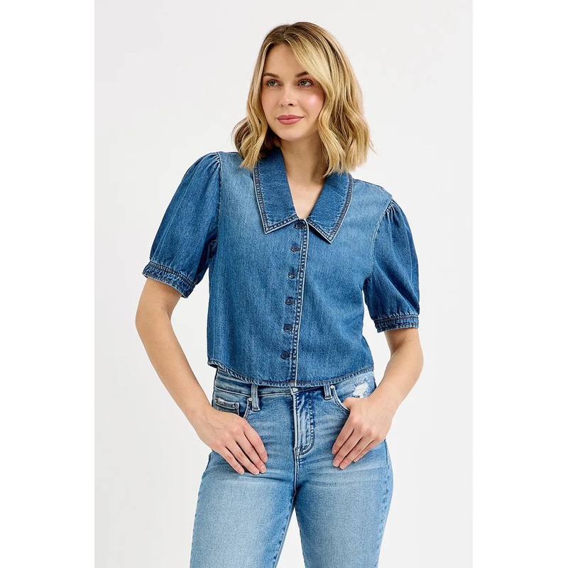 Button Down Puff Sleeve Crop Denim Shirt
