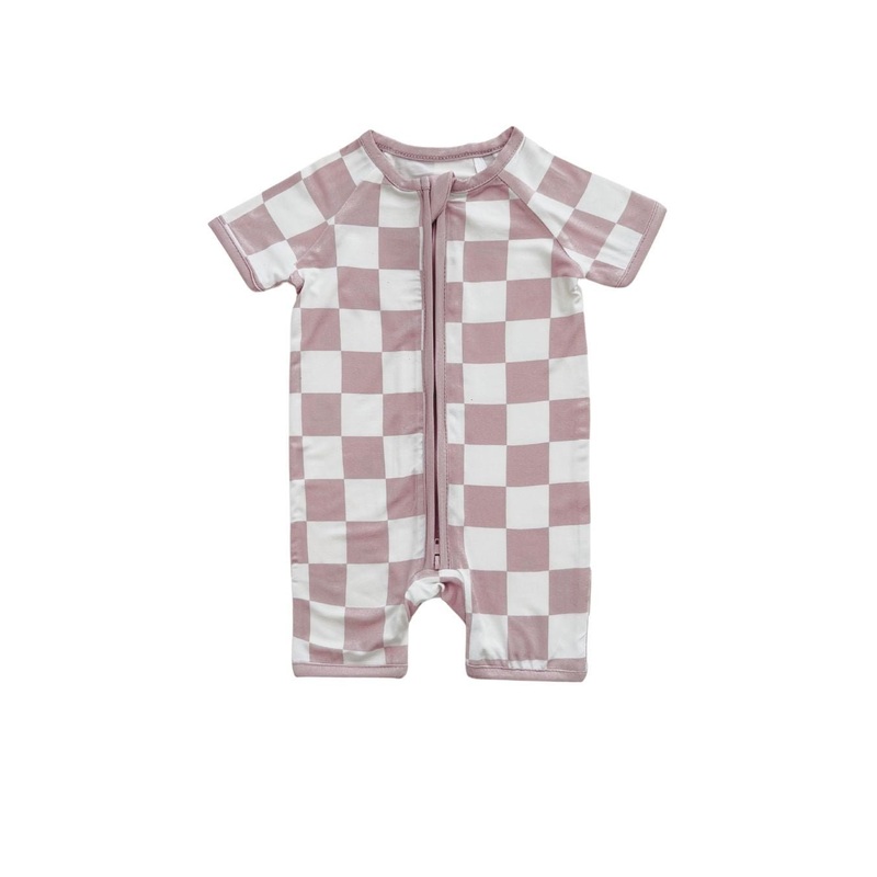 Bamboo Shorty Romper | Latte Checkered