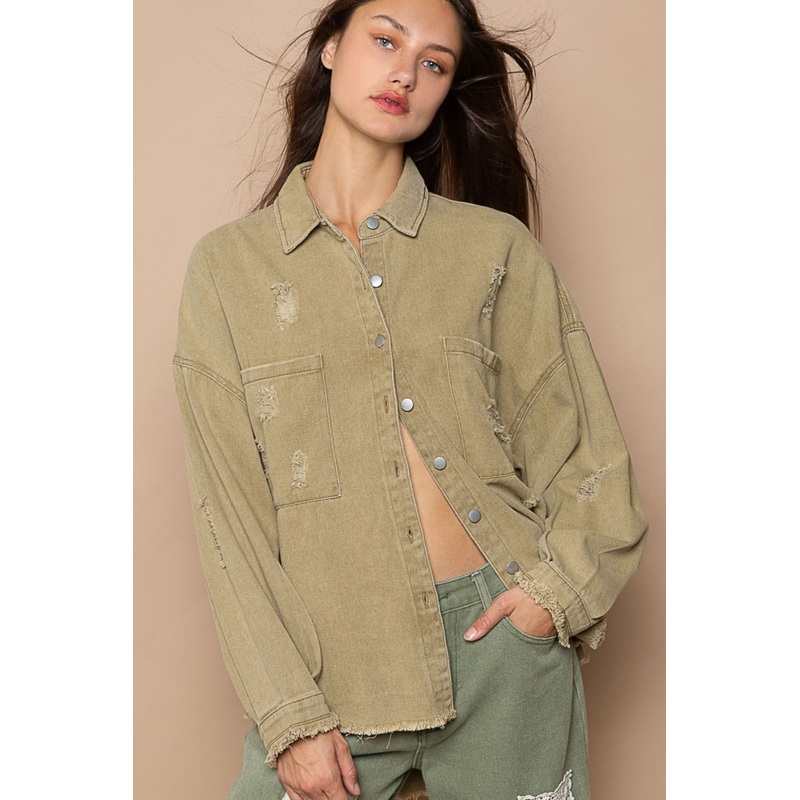 Button Down Raw Hem Distressed Shacket