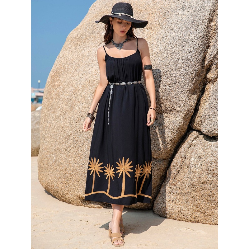 Embroidered Scoop Neck Midi Cami Dress