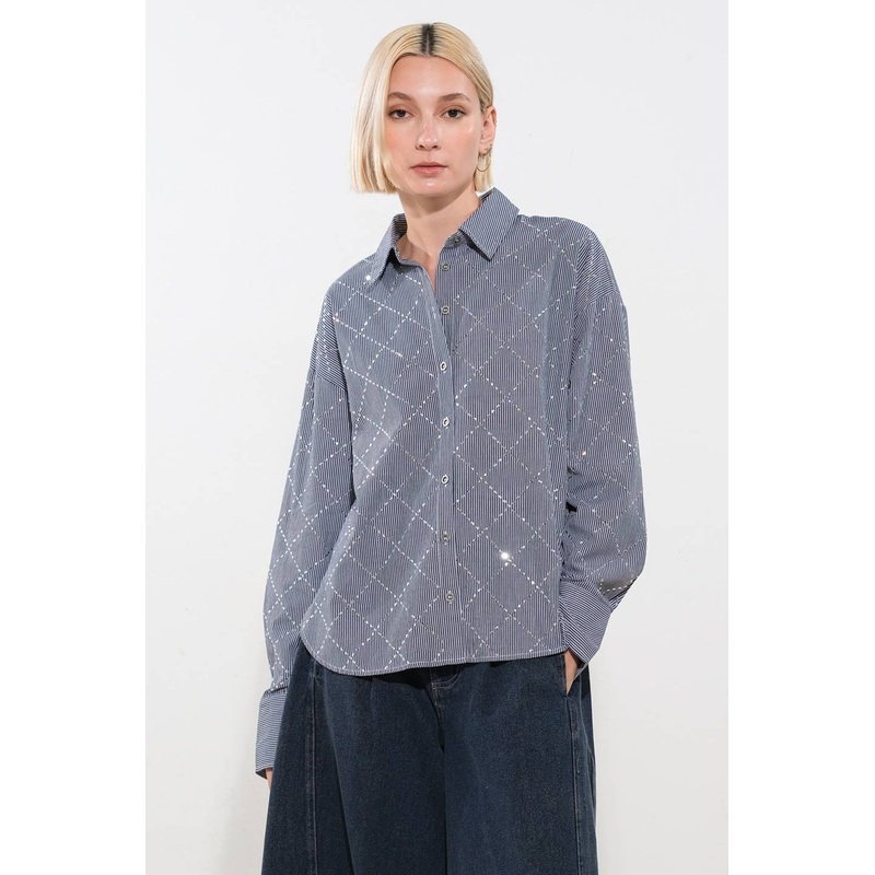 GRACEFUL APPEARANCE WOVEN TOP|NAVY/WHITE|S|M|L