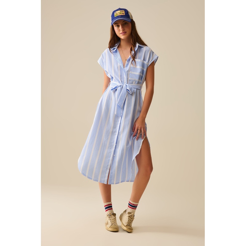 Sleeveless Maxi Shirt Dress in Blue and White Stripes