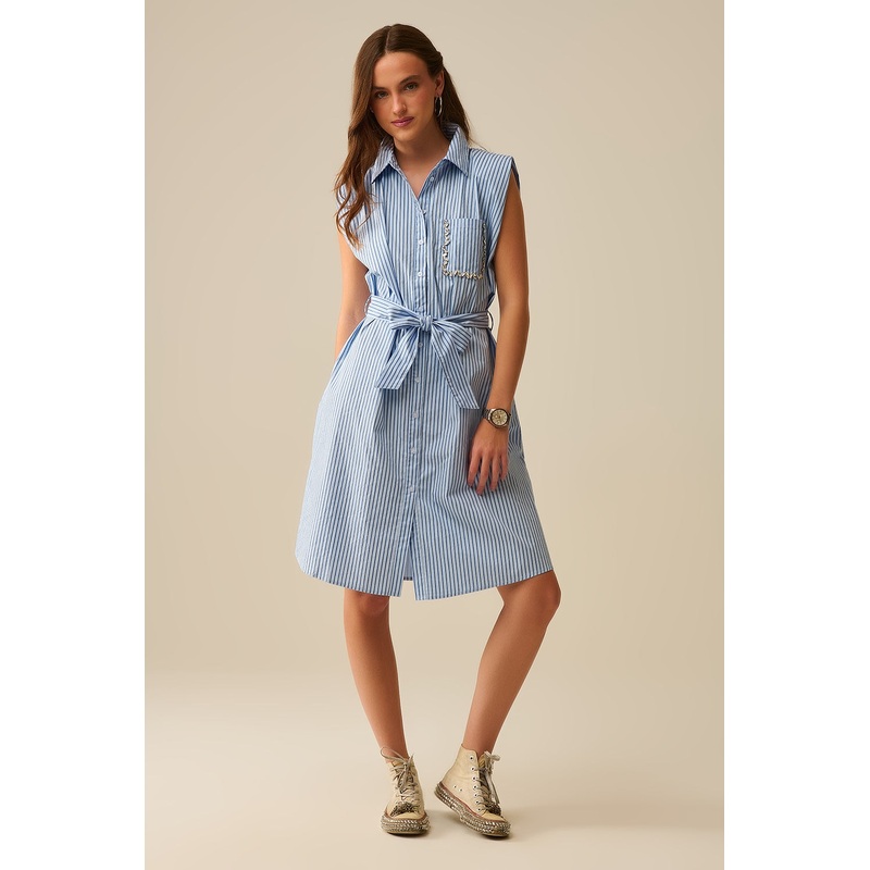 Sleeveless Shirt Dress With Belt and Embroidered Pocket