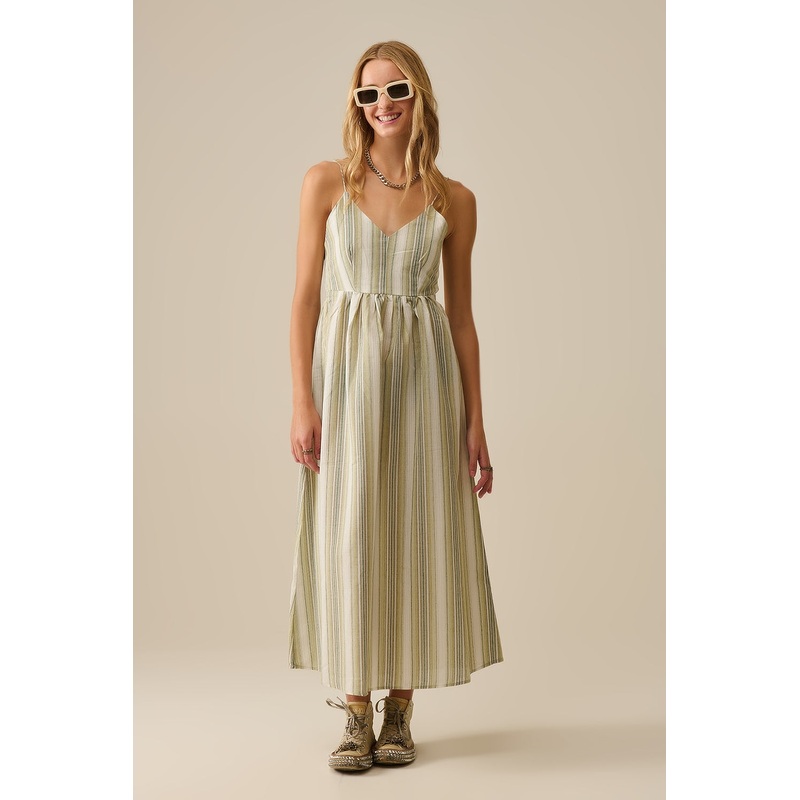 Striped V-Neck Strappy Dress in Green