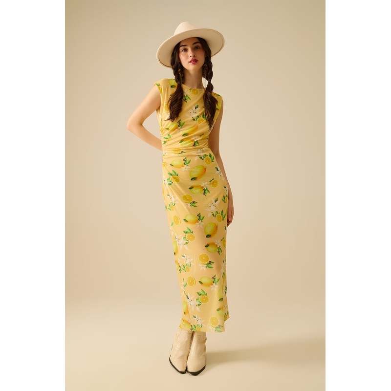Tulle Dress With Side Rouching in Yellow Lemon Print