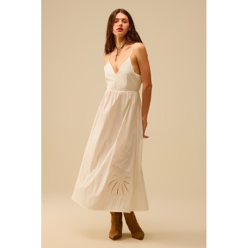 White Maxi Dress With Embroidered Palms