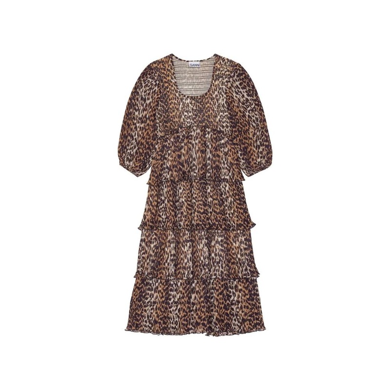Ganni Pleated Georgette Leopard Midi Dress