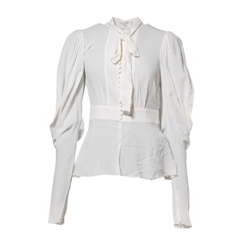 Dolce & Gabbana White Viscose Ascot Collar Long Sleeves Top