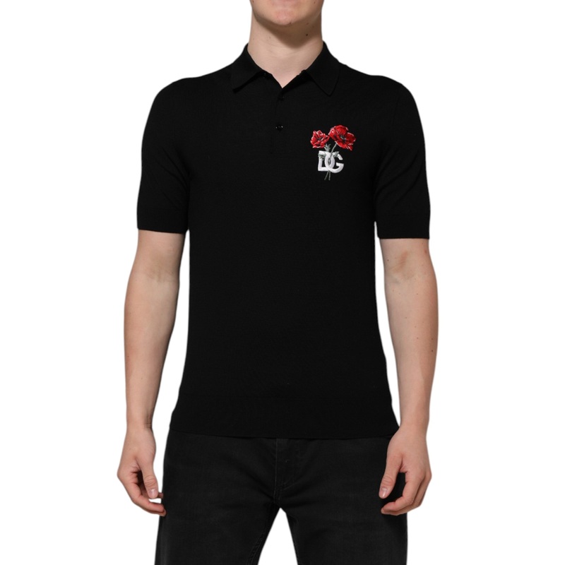 Dolce & Gabbana Black Wool DG Logo Rose Collared Polo T-shirt