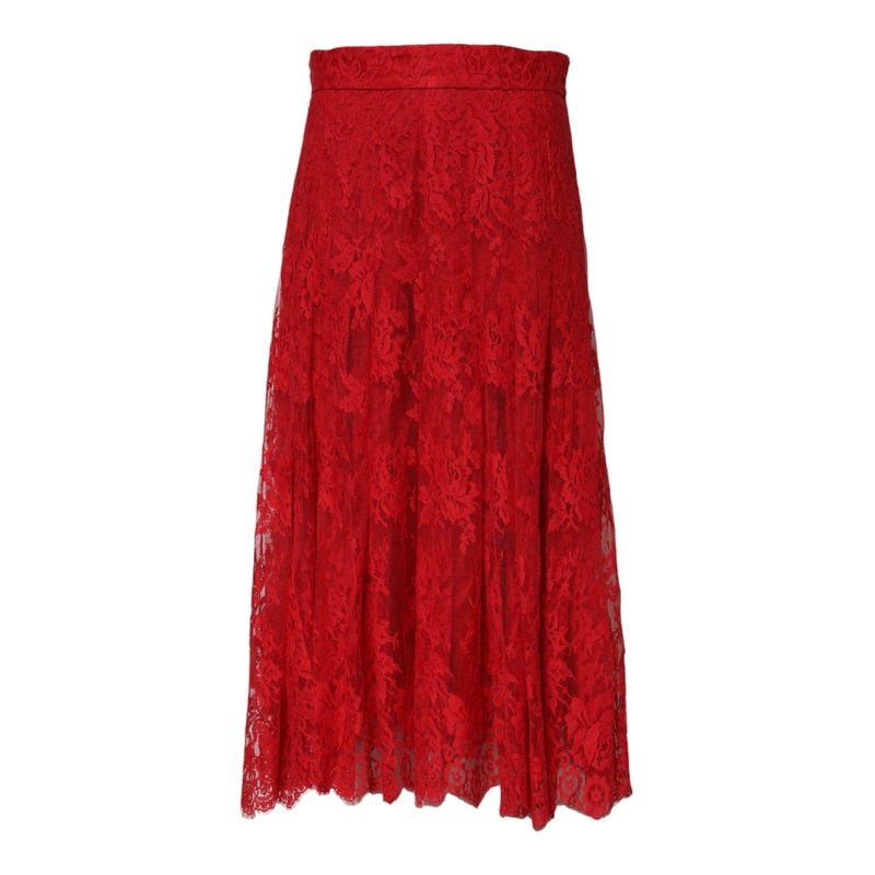 Dolce & Gabbana Red Cotton Floral Lace A-line Long Maxi Skirt