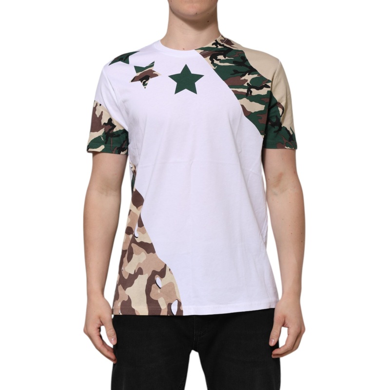 Dolce & Gabbana White Camouflage Cotton Men Crew Neck T-shirt