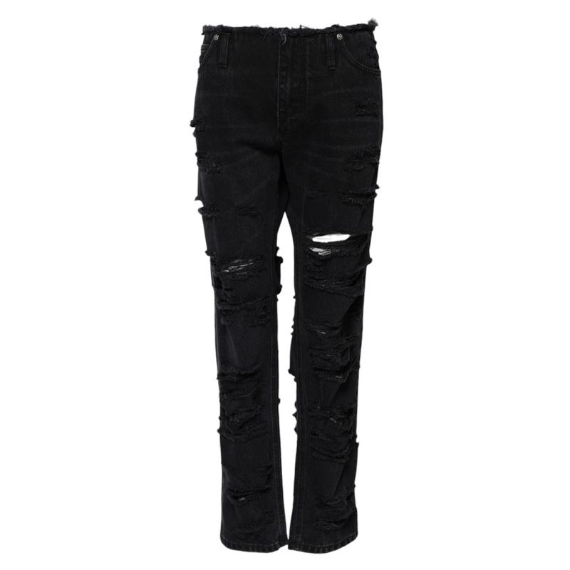 Dolce & Gabbana Black Cotton Tattered Mid Waist Denim Jeans