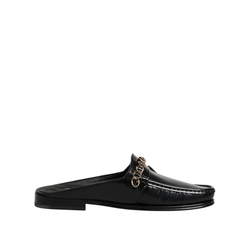 Dolce & Gabbana Black Leather DG Chain Embellished Sandals Shoes