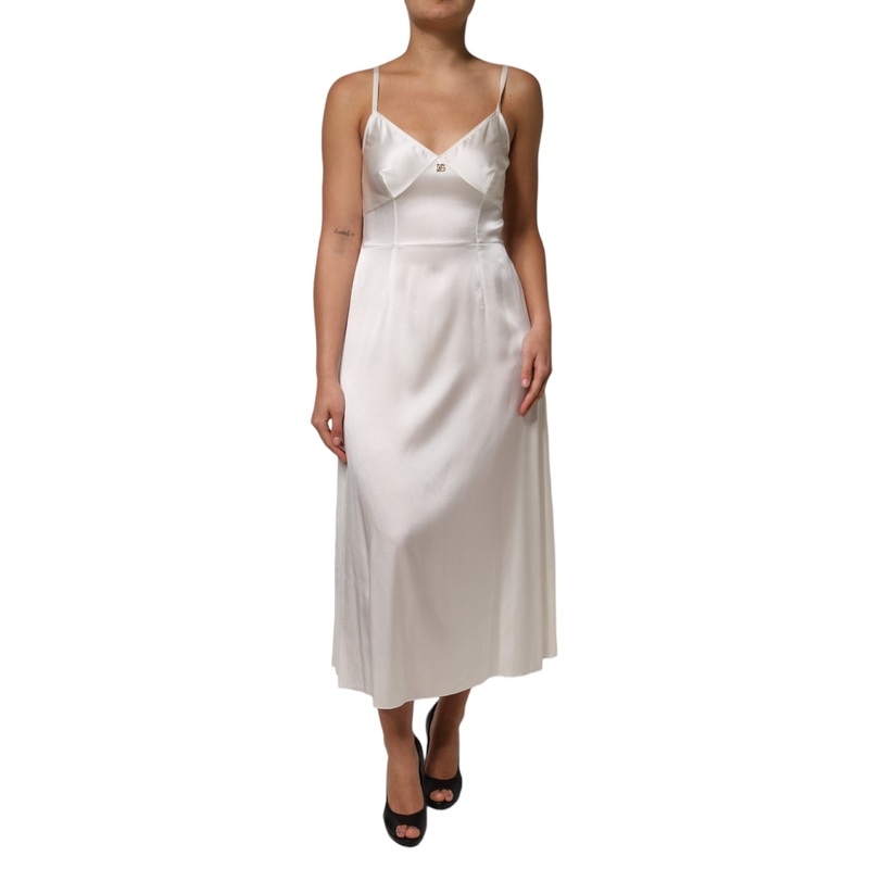 Dolce & Gabbana White DG Logo Full Slip Silk Dress Sleepwear