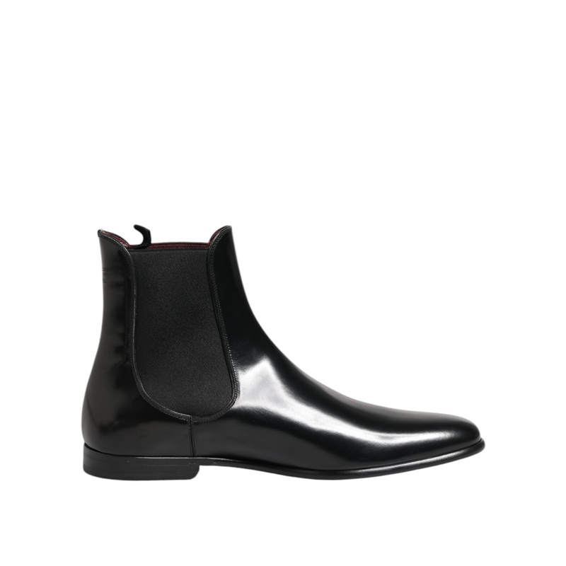 Dolce & Gabbana Black Leather Slip On Mid Calf Boots Shoes