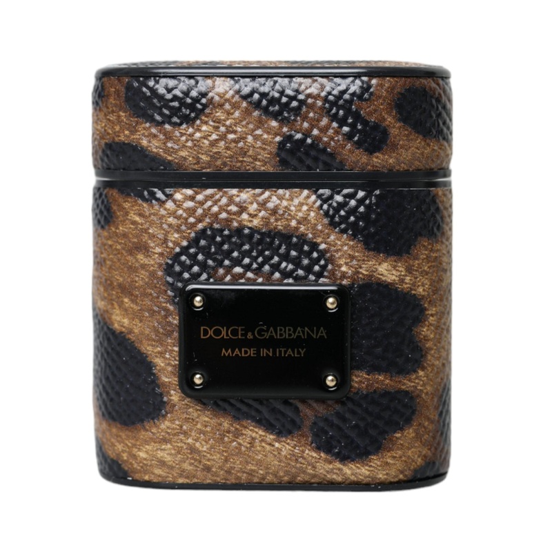 Dolce & Gabbana Brown Leopard Calf Leather Metal Logo Plaque Airpods Case