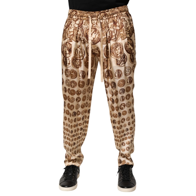 Dolce & Gabbana Beige Coin Print Silk Twill Men Jogger Pants