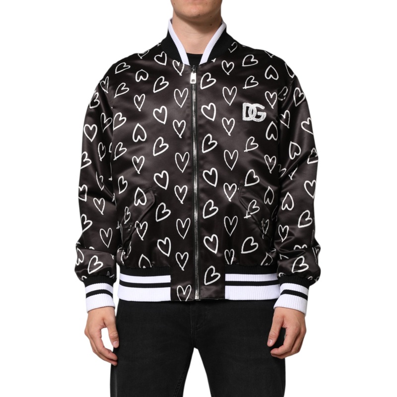 Dolce & Gabbana Black Polyester Heart Print Bomber Jacket