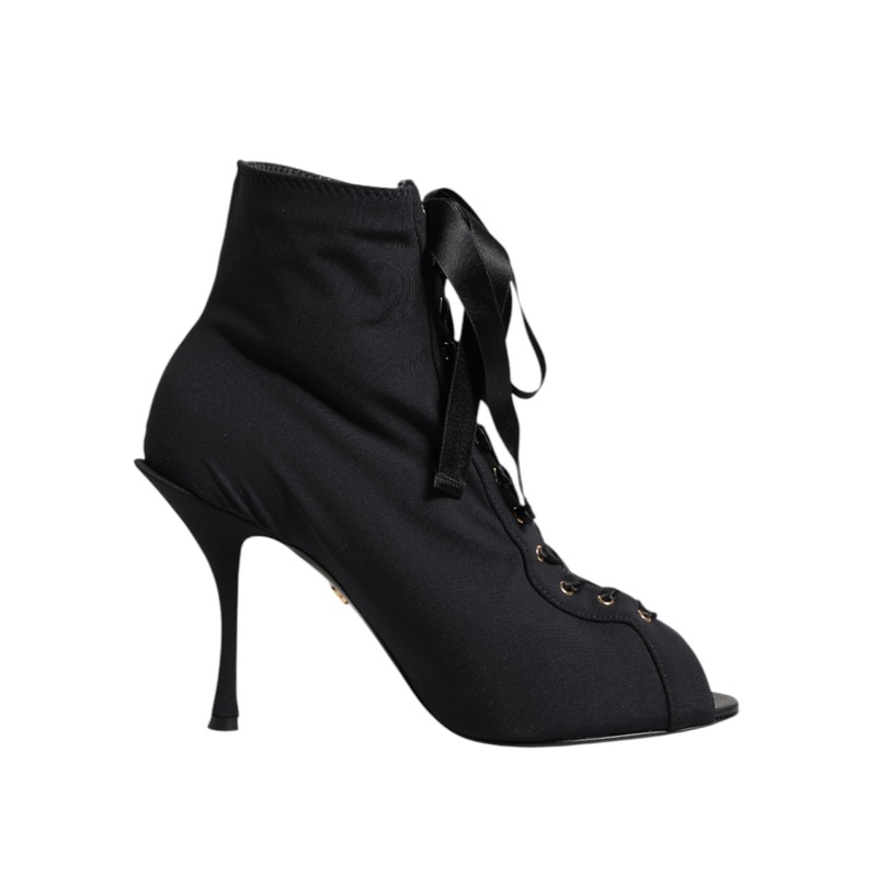 Dolce & Gabbana Black Stiletto Heels Lace Up Boots Shoes