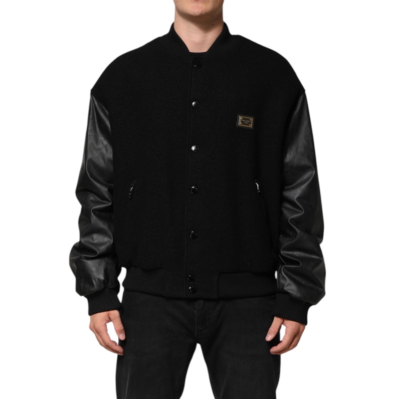 Dolce & Gabbana Black Wool Logo Plaque Bomber Jacket