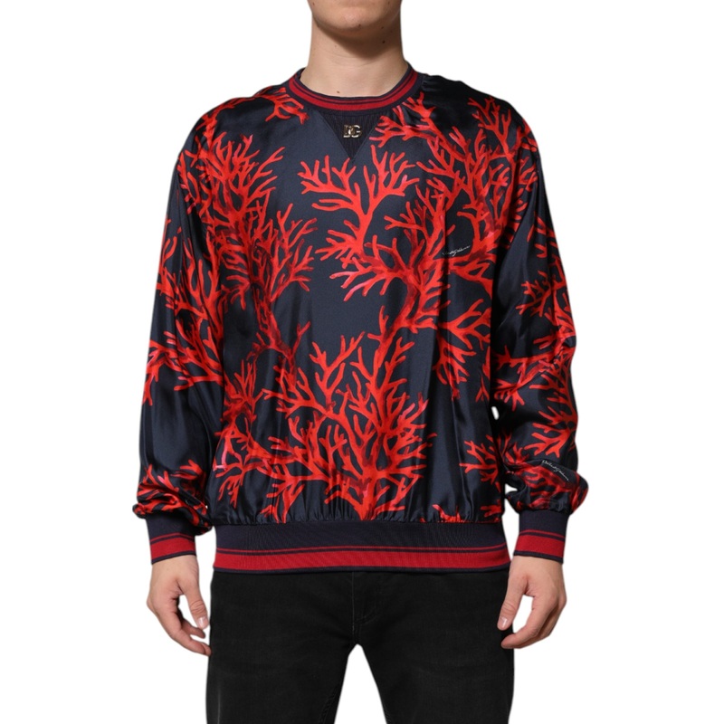 Dolce & Gabbana Navy Red Silk Coral Print Pullover Sweater