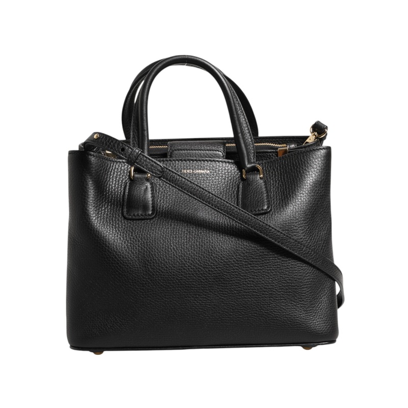 Dolce & Gabbana Black Calf Leather Logo Plaque Shoulder Tote Bag