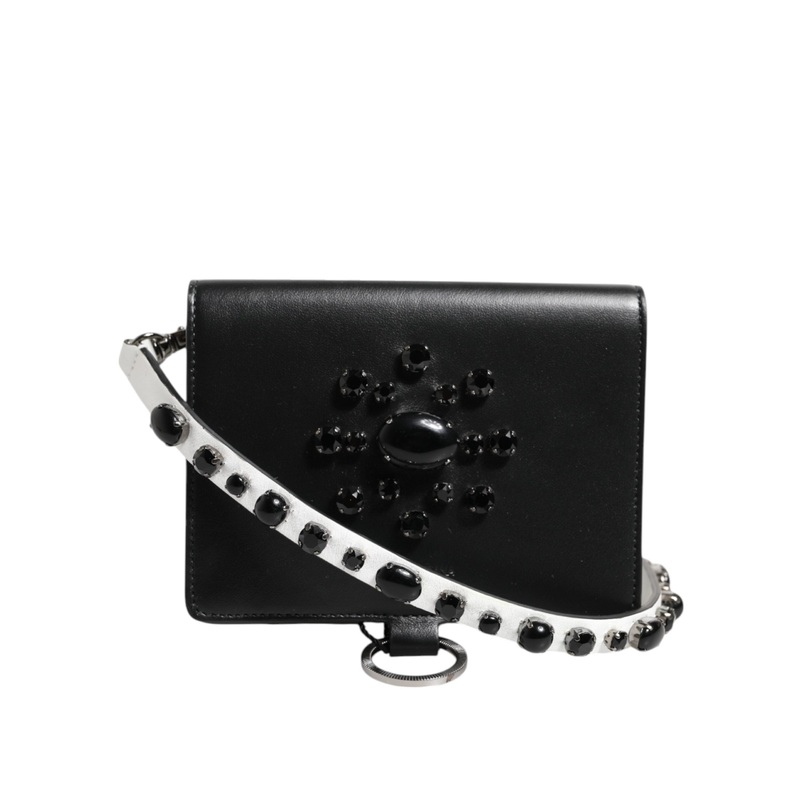 Dolce & Gabbana Black Leather Crystal Embellished Card Holder Wallet