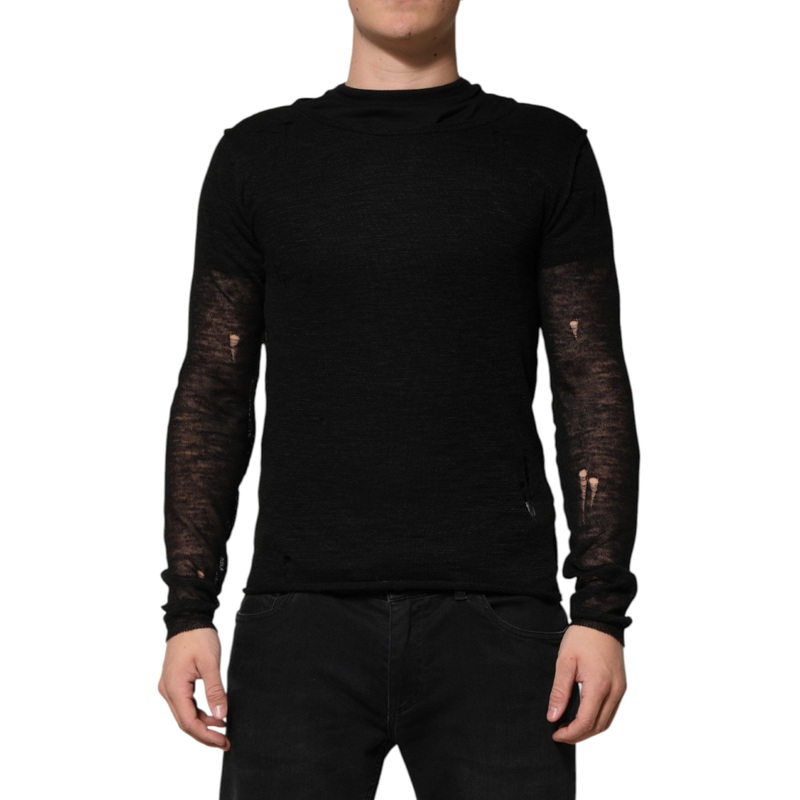 Dolce & Gabbana Black Linen Mesh Tattered Longsleeves T-shirt