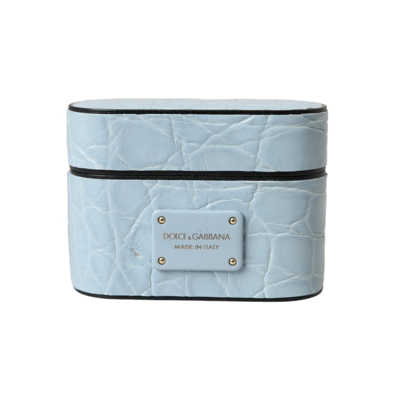 Dolce & Gabbana Light Blue Leather Metal Logo Plaque Airpods Case