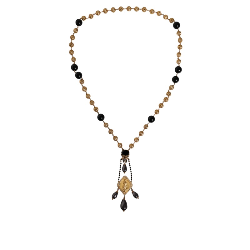 Dolce & Gabbana Gold Chain Brass Black Beaded Rosary Style Necklace
